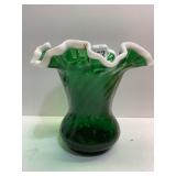 VASE, RUFFLED EDGE GREEN GLASS 6.5" H