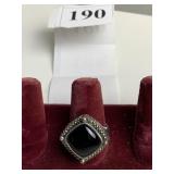 SZ. 8 BLACK CENTER STERLING RING W/ BEAD EDGE
