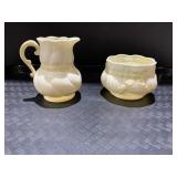 BELLEEK CREAMER/SUGAR BOW DESIGN, GREEN MARK