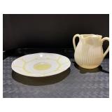 BELLEEK PLATE & DOUBLE CREAMER, GREEN MARK