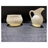 BELLEEK CREAMER/SUGAR, SEASHELL DESIGN, GREEN