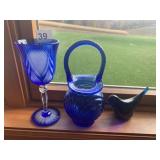 COBALT BASKET, ART GLASS BIRD, BOHEMIAN GLASS