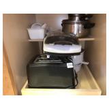 TWO SLICE TOASTER, CASSEROLES, SAUCE POTS