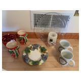 FITZ AND FLOYD BOWL, 2 MUGS, BATTERY OP SNOWMAN