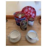 2 CHURCHILL LG. TEACUPS, SNOW GLOBE ETC.
