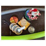 COASTERS, SMALL OIL LAMP, SANTA FIGURINE, ROCK,