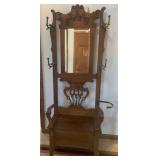 OAK HALL SEAT BEVELED MIRROR, CARVED BACK - 4