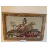 NEEDLEPOINT ROSES/BOOKS/VIOLIN IN FRAME SIGNED LR