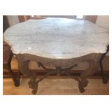 VICTORIAN PARLOR TABLE GRAINED WHITE MARBLE, ROSE