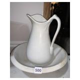 IRONSTONE O.P. COMPANY PITCHER AND BOWL CHIP ON