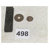 ORIENTAL 2.75" L STAMP AND TWO FOREIGN COINS