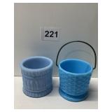 BLUE GLASS HAY BALE AND WOVEN BASKET WITH WIRE
