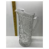 MOLDED GLASS WATER PITCHER WITH PEACOCKS AND