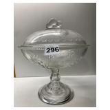 ANTIQUE GLASS PEDESTAL COVERED COMPOTE WITH ACORN