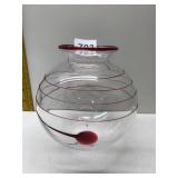 ART GLASS BALL VASE WITH RED SWIRL