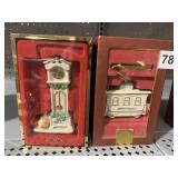 LENOX CHRISTMAS ORNAMENTS, TRAIN AND CLOCK WITH