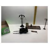 TRAIN ENGINE PARTS, CAST IRON RAILROAD LIGHT, AND