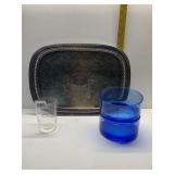 SILVER PLATED SERVING TRAY, VINTAGE GLASS TUMBER