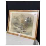 SIGNED ORIENTAL MOUNTAIN SCENE ON SILK FRAMED 17"