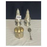 STERLING WEIGHTED SALT/PEPPERS, CUP AND SPOON