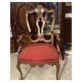 SHELL CARVED BACK ARMCHAIR TURNED LEGS, RED UPHL.