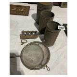 VINTAGE TINS, STRAINER, ETC.