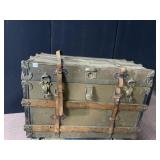 ANTIQUE FLAT TOP TRUNK LEATHER STRAPS BUT BROKEN
