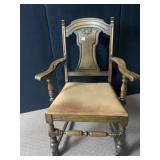 WALNUT ARM CHAIR CARVED BACK VELVET SEAT