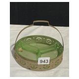 VASELINE GLASS DIVIDED NUT DISH IN HOLDER