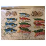 HAND PAINTED CARVED WOOD FISH NAPKIN RINGS AND