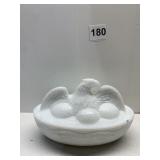 THE AMERICAN HEN MILK GLASS COVERED TRINKET DISH,