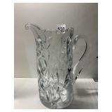11" GLASS PITCHER WITH ETCHED FLOWERS, CHIPS ON