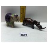 HAND PAINTED STONE ELEPHANT AND CARVED WOOD