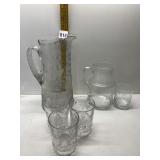 ETCHED GLASS PITCHER WITH APPLIED GLASS HANDLE,
