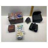 MINI BINOCULARS, NOTE CARDS, SMALL CARVED BOX,