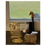BRASS OWL, CARVED STONE OWLS, BRUSH WITH HORSE