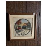 FRAMED AND MATTED COVERED BRIDGE EMBROIDERED