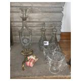 ETCHED GLASS SUGAR AND CREAMER, CRUETS, DECANTER,