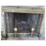 BRASS LION HEAD ANDIRONS AND FIREPLACE SCREEN