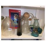 BLUE GLASS OIL LAMP, AMARYLLIS VASE, DECANTER,
