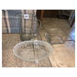 ETCHED GLASS PITCHER WITH SWANS, GLASS BASKET