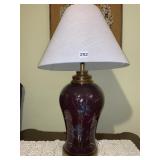 GLASS BASED LAMP WITH FLOWERS AND GOLD DETAIL,