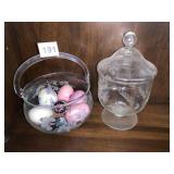 ETCHED GLASS BASKET WITH APPLIED GLASS HANDLE AND