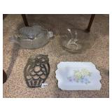 FROSTED GLASS SWAN BOWL, SERVING BOWL, BRASS OWL