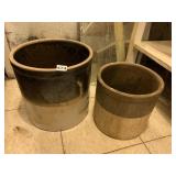2 POTTERY CROCKS, 2 GALLON AND LARGER WITH CHIP
