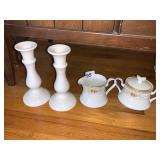 SUGAR AND CREAMER, PAIR OF CANDLE STICKS