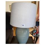 PAIR OF POTTERY LAMPS WITH TEAL BASE AND CREAM