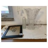 ROSARY, GLASS VASES, DRESSER SCARF