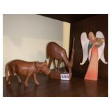 HAND CARVED WOOD ANIMALS AND ANGEL