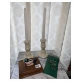 WOOD DUCK BOX, WINE CHARM, STONEWARE CANDLE